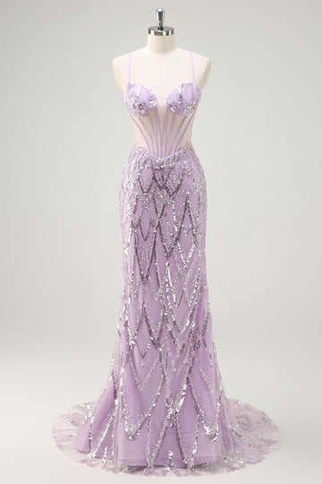 Lilac Mermaid Spaghetti Straps Corset Sequins Long Prom Dress
